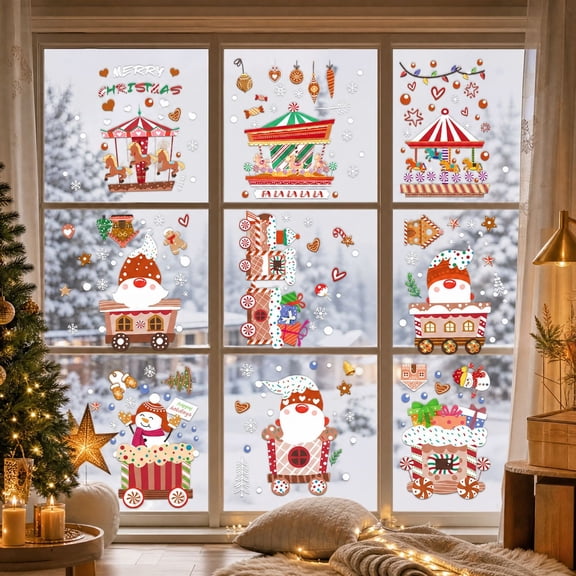 Darzheoy Christmas Window Clings, Train Carousel Gnome Snowman Stickers, Reusable Decals, Christmas Decorations Indoor Outdoor for Home Office Kitchen Bathroom
