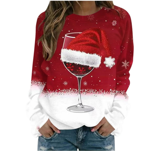 Darzheoy Christmas Womens Tops Drop Shoulder Pullover Fall Winter Solid Color Graphic Sweatshirts Comfortable Round Neck Long Sleeve Fashion Printed Loose Hoodless Blouses