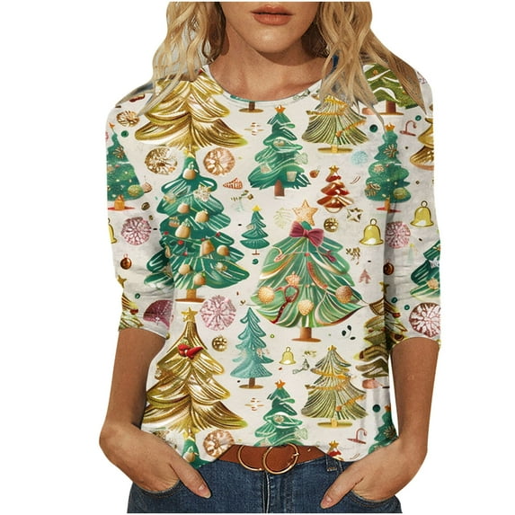Darzheoy Christmas Womens Tops Pullover Solid Color Graphic Round Neck 3/4 Sleeve Sweatshirts Comfortable Hoodless Trendy Fall Winter Printed Blouses