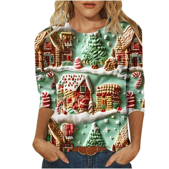 Darzheoy Christmas Womens Tops Pullover Solid Color Graphic Round Neck 3/4 Sleeve Sweatshirts Comfortable Hoodless Trendy Fall Winter Printed Blouses