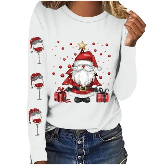 Darzheoy Christmas Womens Tops Versatile Loose Lightweight Solid Color Trendy Sweatshirts Long Sleeve Printed Pullover Casual Hoodless Blouses