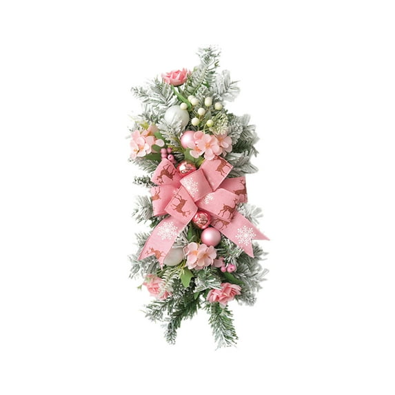 Darzheoy Christmas Wreath Upside Down Staircase Door Hanging Christmas Flocked Snow Hanging Ornament Bow Decoration