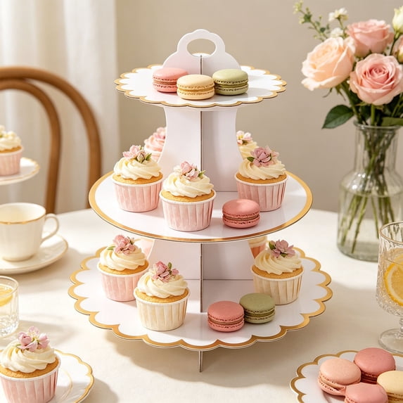 Darzheoy Cupcake Stand, 3-Tier Cardboard Dessert Tower, Gold Rim Party Stand, Sturdy Dessert Display Stand, Disposable Party Cupcake Stand for Birthday, Celebration, Wedding, Home