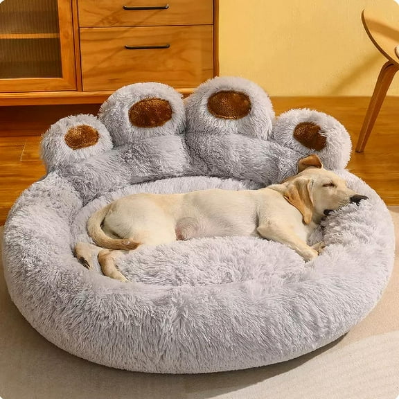 Darzheoy Cute Round Calming Dog Bed of Paw Shape, Pet Plush Dog Donut Bed for Medium Small Breed Dog, Soft, Comfy and Cozy Doggie Bed with Bolster, 24 inch