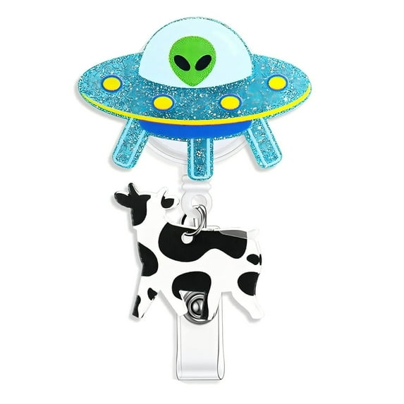 Darzheoy Cute UFO Cow Badge Reel Holder Retractable with ID Clip for Nurse Nursing Name Tag Card Funny Accessories Office Student Work Hospital