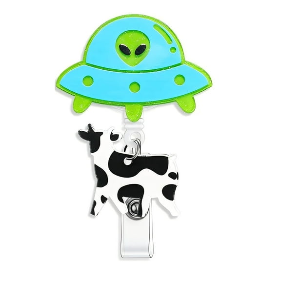 Darzheoy Cute UFO Cow Badge Reel Holder Retractable with ID Clip for Nurse Nursing Name Tag Card Funny Accessories Office Work Hospital