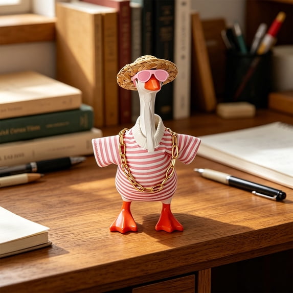 Darzheoy Desk Goose Outfits, Summer Mini Goose Statue Outfit Set, Striped Shirt Small Goose Straw Hat Sunglasses, Tabletop Goose Decor Accessories for Goose Statue in Bedroom, Living Room, Study