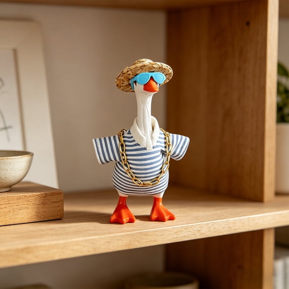 Darzheoy Desk Goose Outfits, Summer Mini Goose Statue Outfit Set, Striped Shirt Small Goose Straw Hat Sunglasses, Tabletop Goose Decor Accessories for Goose Statue in Bedroom, Living Room, Study