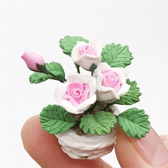 Elainilye Dollhouse Plants Miniature Fake Plants, Mini Potted Plants Flower Model Doll House Furniture Toys Gift for Girls Boys Age 3+ - Pink