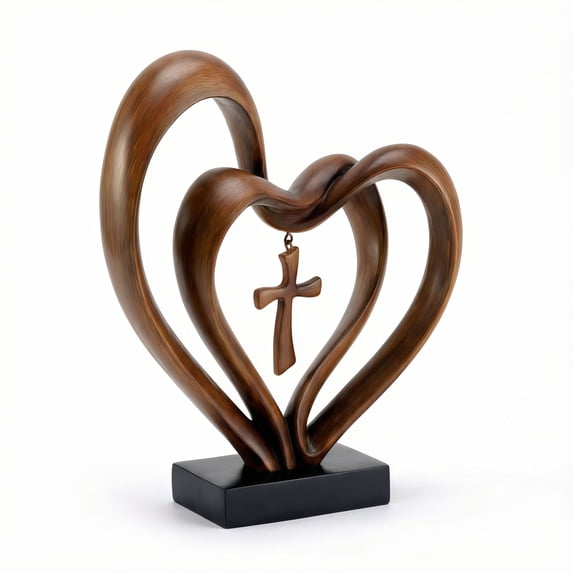 Darzheoy Double Heart Cross Tabletop Decoration, Brown Resin Valentine's Day Decoration, Home Desk Decor for Christian Gift and Wedding