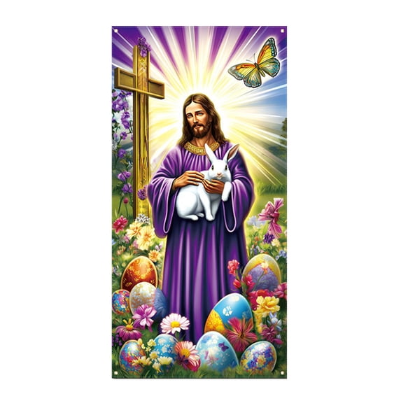 Darzheoy Easter Bunny Door Cover 71x35 Inch Wreath Egg Easter Door Banner Accessory Hanging Banner Sign Decoration for Happy Easter Party Favors