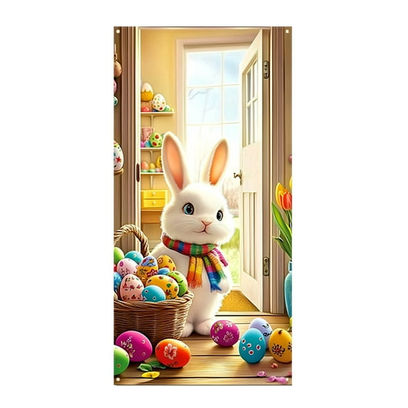 Darzheoy Easter Bunny Door Cover 71x35 Inch Wreath Egg Easter Door Banner Accessory Hanging Banner Sign Decoration for Happy Easter Party Favors