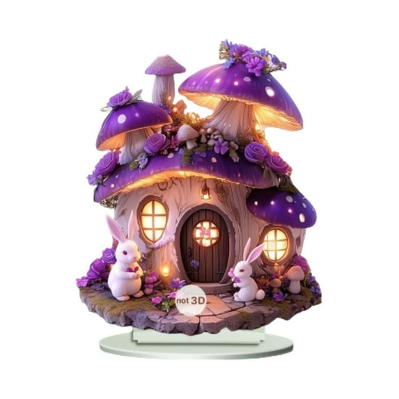 Darzheoy Easter Decorations 2D Flat Purple Mushroom House Tabletop Signs Acrylic Easter Bunny Cabin Desk Plaque Ornament Easter Decorations Indoor