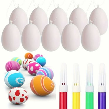 Darzheoy Easter Eggs 12 Pcs White Plastic Eggs Fake Eggs for Crafts Hanging Plastic Hunts Basket Fillers DIY Painting Decorating Easter Gift, Artificial Eggs with 4 Color Markers