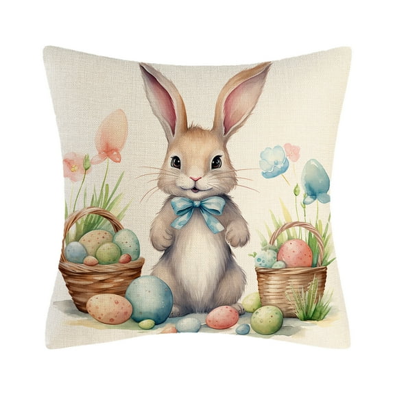 Darzheoy Easter Pillow Covers 18x18 Inch Bunny Easter Eggs Throw Pillow Covers Pillowcases Cotton Linen Cushion Covers for Couch Sofa Bedroom Holiday