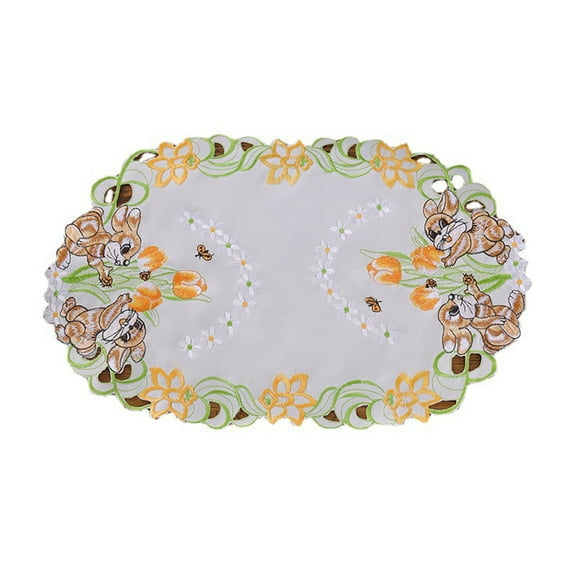 Darzheoy Easter Placemats Round Spring Bunnys Flowery Table Runner Cutwork Embroidered Floral and Bunnys Dresser Scarf Table Topper Home Kitchen Dining Tabletop Decoration
