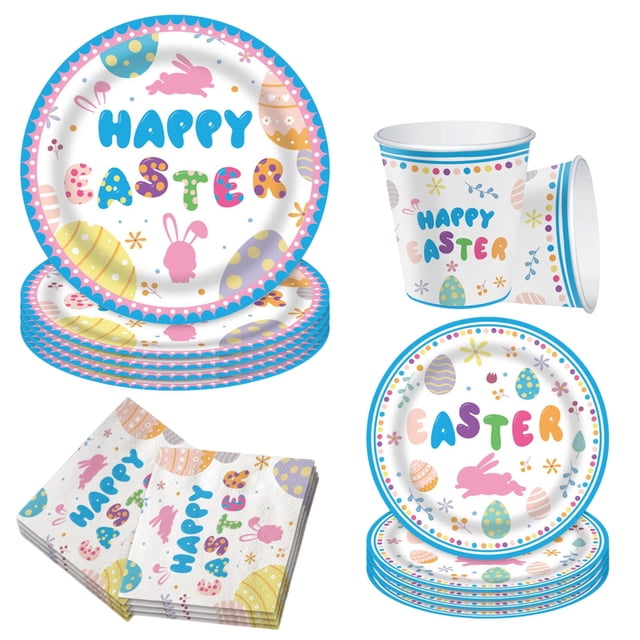 Darzheoy Easter Plates and Napkins Set, 64 Pack Disposable Tableware Colorful Easter Bunny Easter Eggs 9" 7" Plates Napkins and Cups Set Easter Party Paper Tableware