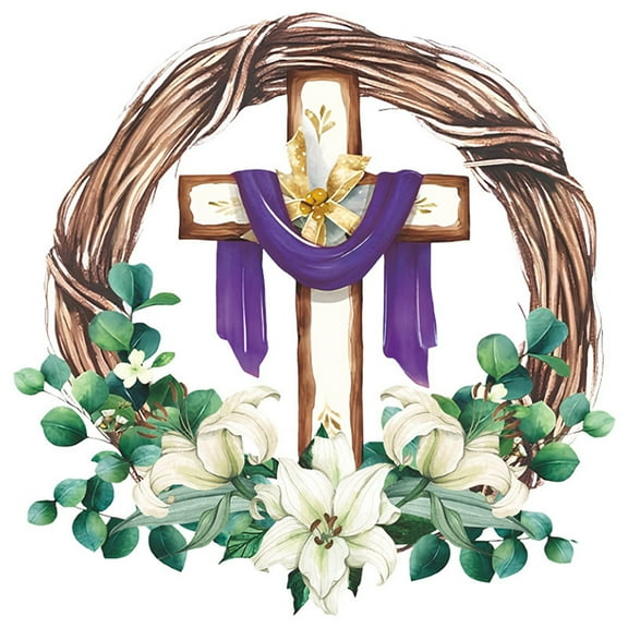 Darzheoy Easter Wall Sticker, Easter Decoration Wreath Window Purple Wreath Sticker, Easter Refrigerator Sticker, Religious Cross Bunny Rabbit Lily Flower Stickers Decals Decor