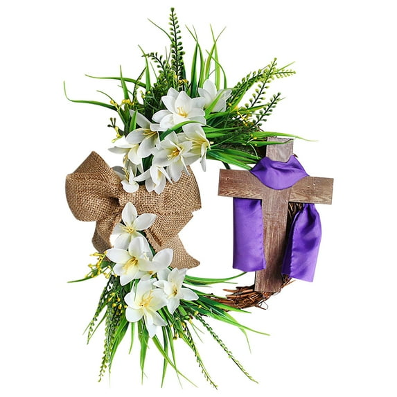 Darzheoy Easter Wreath Decoration with Cross Sign, Easter Wreaths for Front Door, Spring Wreath with Liliaceous and White Gauze, Eucalyptus Wreaths, Easter Cross Wreath, Spring Lily Wreath (A)