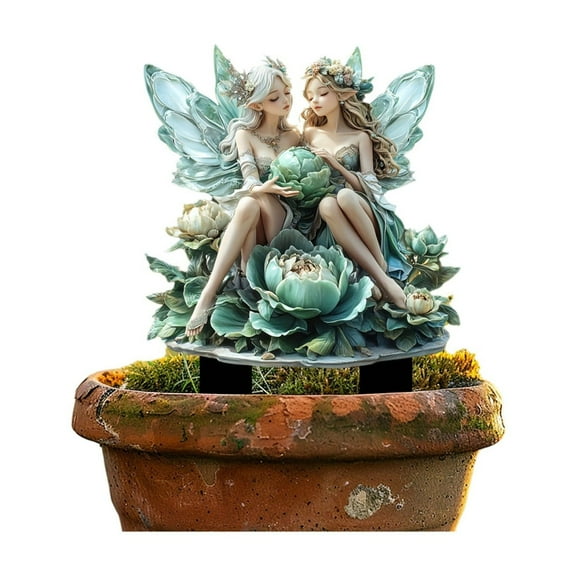 Darzheoy Fairy Garden Stakes Decorative Twin Fairy Green Lotus Acrylic Garden Decorative Stake Fairy Decor Outdoor Figurines for Outside Garden Yard Lawn Supplies Home Decor