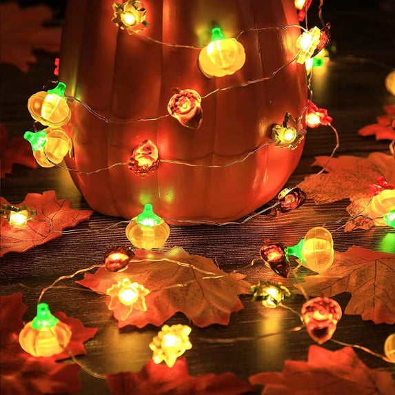 Darzheoy Fall Thanksgiving Pumpkin Lights, 39 Inch LED Pumpkin Maple Leaf Lights Battery Operated Fairy String Lights Autumn Harvest Table Indoor Outdoor Decor Halloween Party Decorations