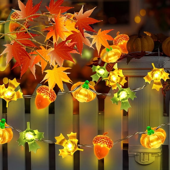 Darzheoy Fall Thanksgiving Pumpkin Lights, 79 Inch LED Pumpkin Maple Leaf Lights Battery Operated Fairy String Lights Autumn Harvest Table Indoor Outdoor Decor Halloween Party Decorations