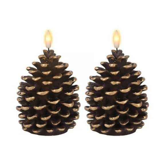 Darzheoy Flameless Pinecone Candles Battery Operated Set of 2 Real Brown Wax 3D Wick LED Flickering Pillar Candles Christmas Holiday Decor