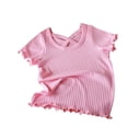 thumbnail image 1 of Darzheoy Girls Lettuce Trim Basic Solid Tee Shirts Ribbed Knit Casual Blouse Tops for 2-8 T, 1 of 3