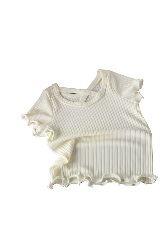 Girls Lettuce Trim Basic Solid Tee Shirts Ribbed Knit Casual Blouse Tops for 2-8 T