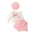 thumbnail image 1 of Darzheoy Girls Outfits Casual Flutter Sleeve Solid Color Bow Tie Tops And Short Skirts And Hat 3 Piece Cute Fall Knitted Long Sleeve Round Neck Sets ,Size 6 Months-2 Years, 1 of 9