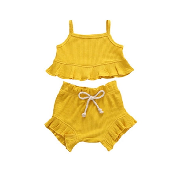 Darzheoy Girls Outfits Drawstring Flounce Loose Strap Sleeveless Top And Shorts 2 Piece Solid Color Cute Tank Top Sets ,Size 0 Month-18 Months