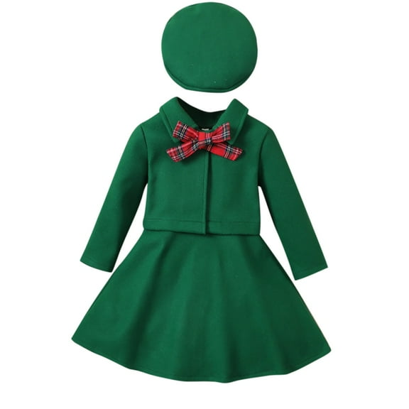 Darzheoy Girls Outfits Long Sleeve Casual Solid Color Bow Tie Coat And Pleated Skirt And Hat Fall Winter Round Neck 3 Piece Sets ,Size 3-7 Years
