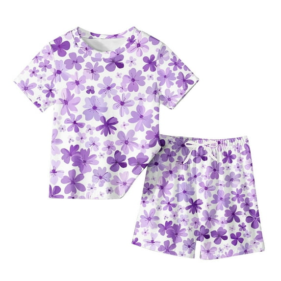 Darzheoy Girls Outfits Printed 2 Piece Elastic Waist Shorts And T-Shirt Thin Round Neck Cute Solid Color Graphic Summer Casual Sets ,Size 3-13 Years