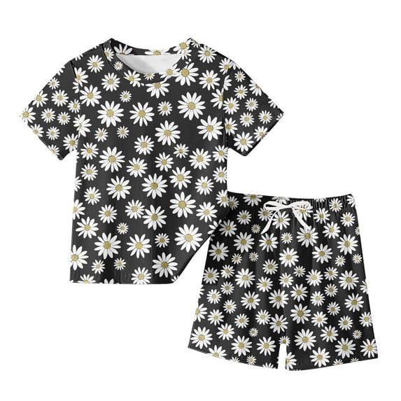 Darzheoy Girls Outfits Printed 2 Piece Elastic Waist Shorts And T-Shirt Thin Round Neck Cute Solid Color Graphic Summer Casual Sets ,Size 3-13 Years