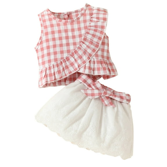 Darzheoy Girls Outfits Solid Color Plaid Sleeveless Tops And Skirt Bow Mesh Summer Casual Versatile 2 Piece Round Neck Loose Sets ,Size 3 Months-3 Years
