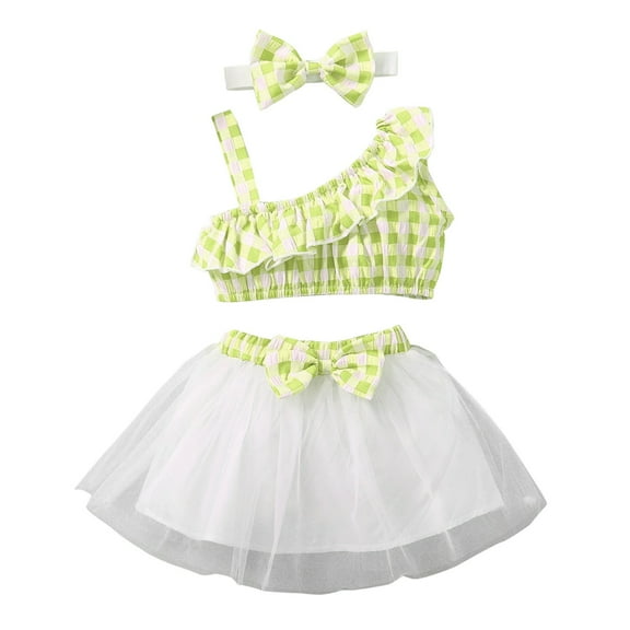 Darzheoy Girls Outfits Solid Color Plaid Sleeveless Tops And Skirt Bow Mesh Summer Casual Versatile 2 Piece Round Neck Loose Sets ,Size 3 Months-3 Years