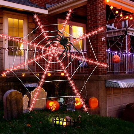 Darzheoy Halloween Decorations Outdoor, 120 LED Halloween Spider Web Lights, 12FT Lighted Spider Web & 23.6 inch Spider Light up for Yard Decor
