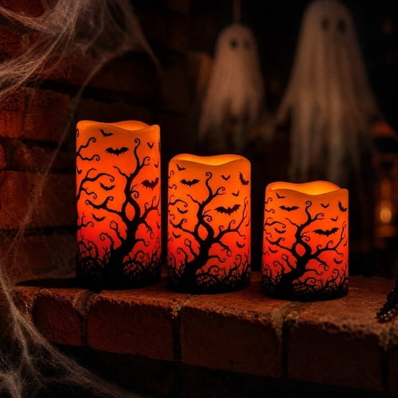 Darzheoy Halloween Flameless Candle Set, Three-Piece Electronic Candle Lamp, Ambient Light Scene Props, LED Candle Light Set, Spooky Decoration Set for Home, Party, Indoor, Tabletop, Mantel