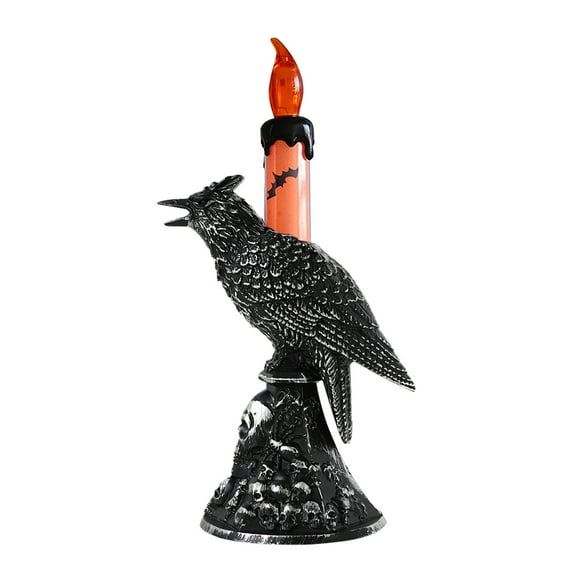 Darzheoy Halloween Flameless Candles, Black Crow Skull Statue Candlestick, Glowing Light Flickering Candle Holder Halloween Table Lamp Ornaments Home Decorations
