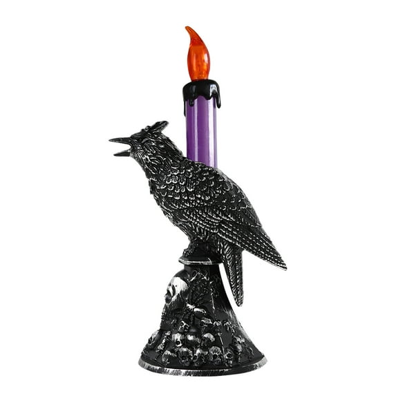 Darzheoy Halloween Flameless Candles, Black Crow Skull Statue Candlestick, Glowing Light Flickering Candle Holder Halloween Table Lamp Ornaments Home Decorations