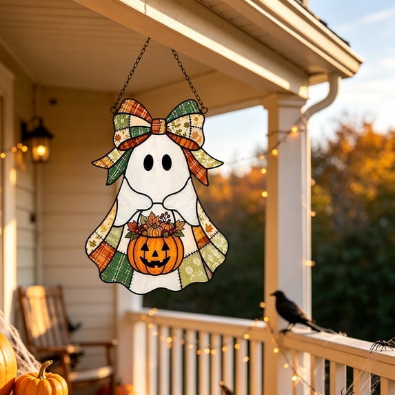 Darzheoy Halloween Ghost Pumpkin Ornament, Acrylic Hanging Decoration, Fall-Style Spooky Accent, Halloween Decorations Indoor for Window Door Home