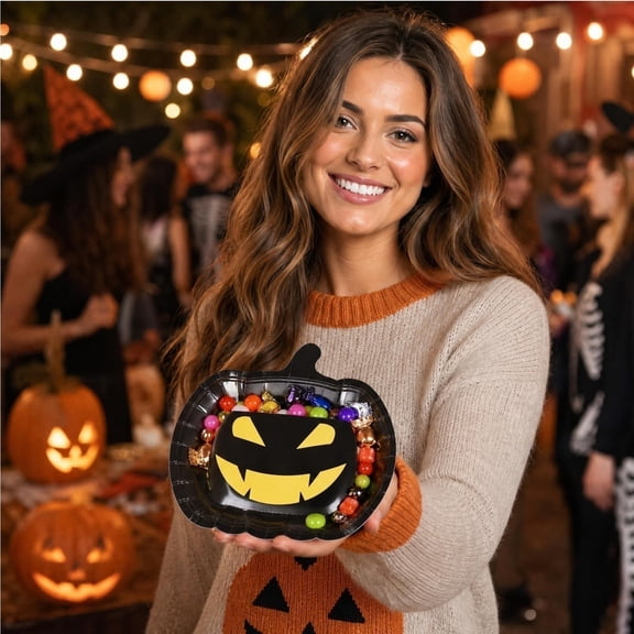 Darzheoy Halloween Paper Plates, Pumpkin Themed Party Plates, 50-Pack Disposable Plates, 7 x 9 Inch Heavy-Duty Plates, Heavy-Duty Dinnerware for Fall Food Serving, Home, Kitchen, Party