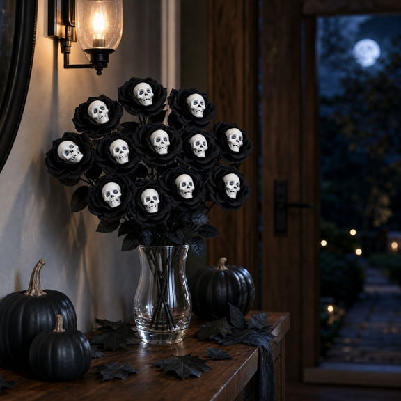 Darzheoy Halloween Skull Rose Branches, Artificial Rose Branches, Mini Skull Vase Fillers, Scary Home Decor, Artificial Rose Branch Spooky Decoration for Home, Table, Mantel, Desk, Shelf