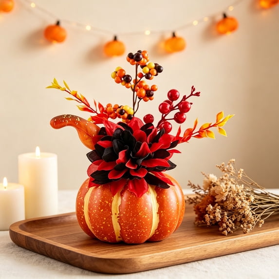 Darzheoy Halloween Thanksgiving Centerpiece, Artificial Pumpkin Floral Arrangement, 4 Styles Fall Maple Sunflower Berry, Table Centerpiece for Mantel, Table, Dining, Home, Entryway