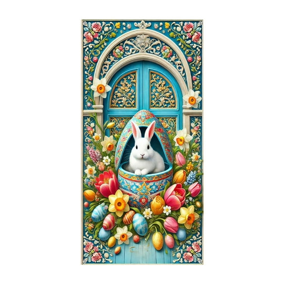 Darzheoy Happy Easter Door Cover Bunny Banner Large Fabric Colorful Spring Welcome Decoration for Easter Party Background Favor Supplies, 35 x 71 inches