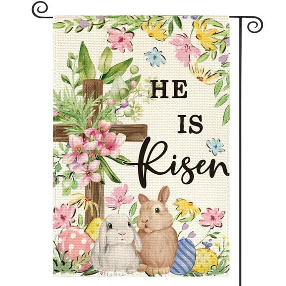 Darzheoy He Is Risen Easter Garden Flag 27.6x39.4 Inch Double Sided Outside, Bunnies Flowers Cross Yard Outdoor Decoration