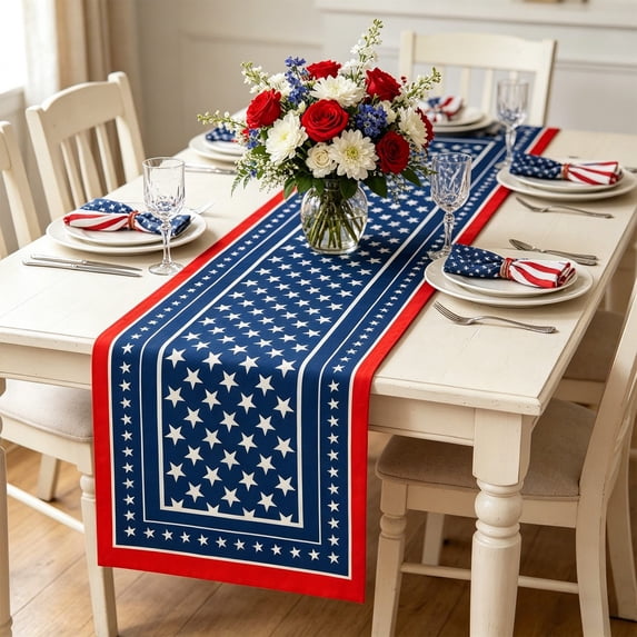 Darzheoy Independence Day Table Flag, 70.9 x 13 Inch Linen Printed Patriotic Table Runner, USA Stars and Stripes, Machine Washable, Fade-Resistant, Decorative Table Flag for Dining Table, Kitchen