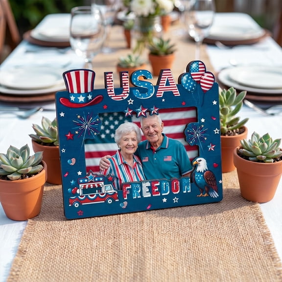 Darzheoy Independence Day Wooden Photo Frame, Patriotic Theme, Handcrafted Rustic, Stars and Flags Design, Tabletop Decorative Picture Frame for Home, Office, Desk, Shelf, Mantel