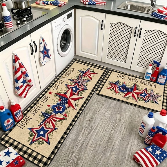Darzheoy Kitchen Rugs Set Of 2, Patriotic Star Crystal Velvet Non-Slip Floor Mats, Runner, Absorbent, Washable Home Decor Mat, Mat Carpet Runner Rugs for Kitchen, Bathroom, Laundry, Entryway