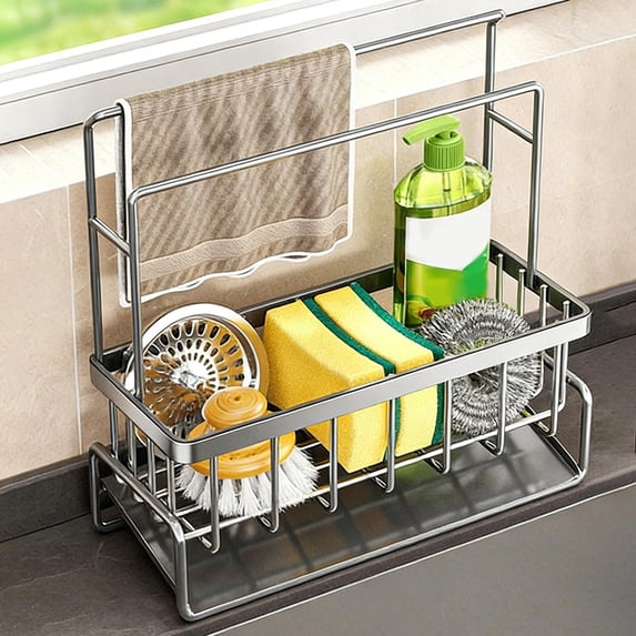 Darzheoy Kitchen Sink Drying Rack, Double Rod Stainless Steel Rags Draining Holder, Over Faucet Organizer for Dishwashing Supplies and Sponges